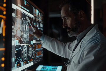Technology in medicine - doctor examines X-ray on large screen - 739981971
