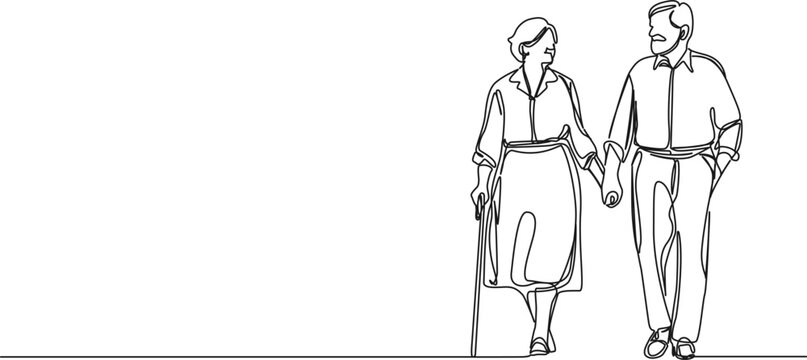 recommend clip art: continuous single line drawing of senior couple walking hand in hand, line art vector illustration