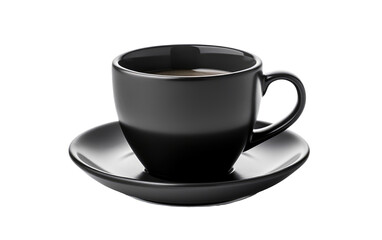 A black coffee cup and saucer placed on a white background, showcasing a simple and elegant design. Isolated on a Transparent Background PNG.