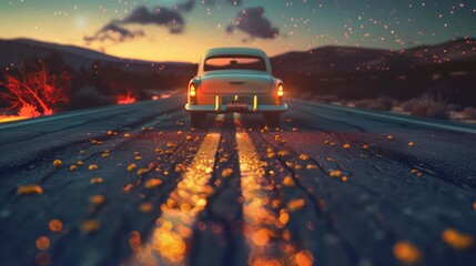 Road with old car beautiful landscape - obrazy, fototapety, plakaty