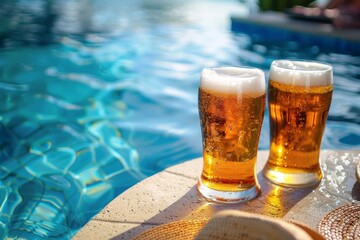 Two cold glasses of refreshing wheat beer sit on a table next to a pool, beckoning with their crisp bubbles and golden hues, evoking a sense of relaxation and summertime fun