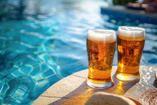 Two cold glasses of refreshing wheat beer sit on a table next to a pool, beckoning with their crisp bubbles and golden hues, evoking a sense of relaxation and summertime fun