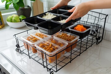 person arranging a set of meal prep containers in a dish rack - obrazy, fototapety, plakaty