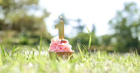 Golden birthday candle in a festive cupcake. Festive desserts for children's party. Birthday and...