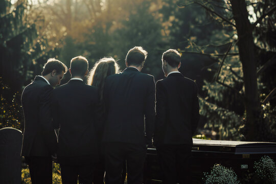 Death of a loved one by the family. Mourning funeral and coffin