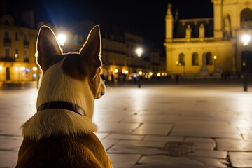 dog with ears perked up, overlooking a city square at night