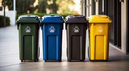 a row of different colored trash cans