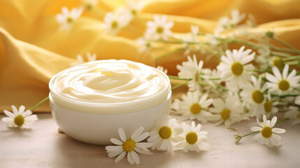 Fototapeta na wymiar Body cream white essential oil, chamomile daisy flowers. Herbal cosmetic