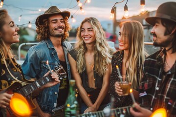 A diverse group of music lovers, dressed in stylish clothing and adorned with fedoras, gather around a table under the open sky, smiling and standing as they strum on a guitar at an outdoor concert