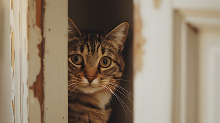 Cute tabby cat peeking out of door. Selective focus
