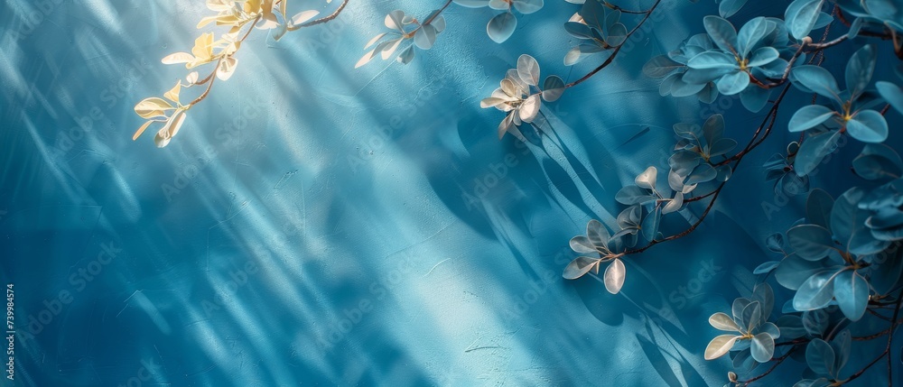 Poster abstract light blue background with intricate shadows from tree branches on wall for product present