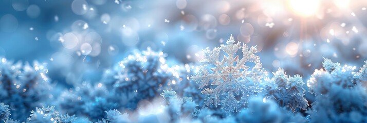 Fototapeta na wymiar Delicate snowflakes on a frosty blue background for a winter theme, Background Image, Background For Banner