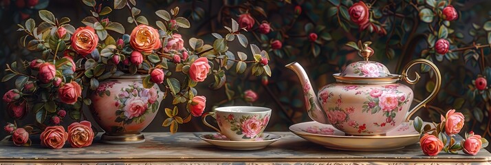 Fototapeta premium Delicate teacup and teapot pattern with floral designs, Background Image, Background For Banner