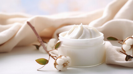 Natural organic eco cosmetics. Cream with extract of Cotton on a light background