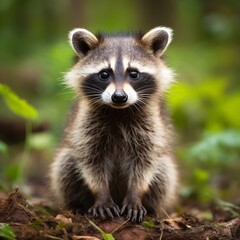 a raccoon sitting on the ground