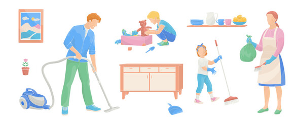 Fototapeta na wymiar Happy parents with children cleaning rooms. Family working together