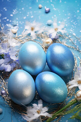 Fototapeta na wymiar Blue Easter eggs with feathers and flowers arrangement