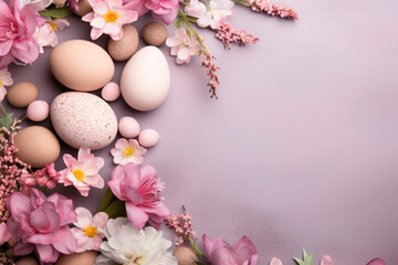 Fototapeta na wymiar Easter eggs and spring flowers on pastel backdrop