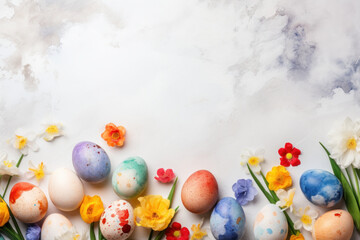 Easter eggs and fresh spring flowers on textured surface