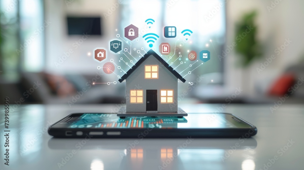 Poster Internet of Things technology of home automation system. Small house standing on screen mobile phone and wireless connections with icons representing home electronics.