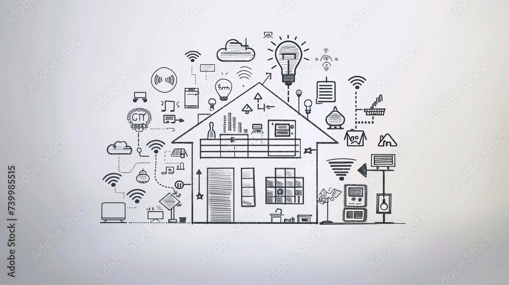 Poster Connectivity and control of smart home devices through home network. Internet of things background doodles.