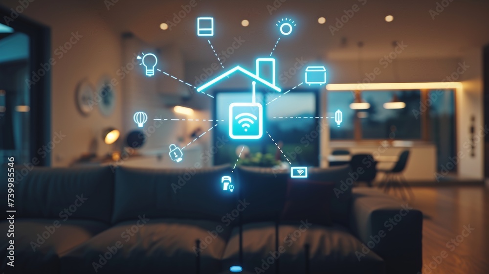 Wall mural Connecting a smart home with a home network and controlling devices with it. Internet of things doodle background.