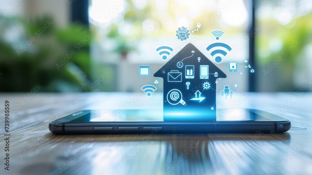 Poster The internet of things is being used in smart homes to automate them using smartphones. Small houses on screens with mobile phones and wireless connections with icons of home electronics.