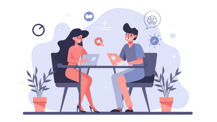 An illustration of two people sitting at a table with laptops, collaborating with each other in their work