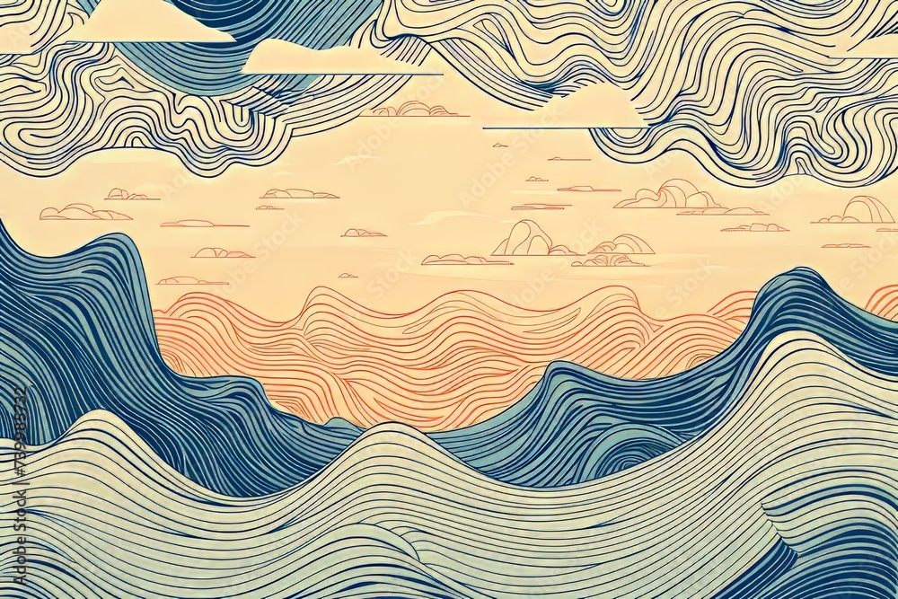 Aufkleber an abstract background illustration featuring hand drawn contour lines and waves, and a cloud shape.