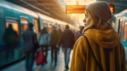 A woman stands on a busy subway train with people