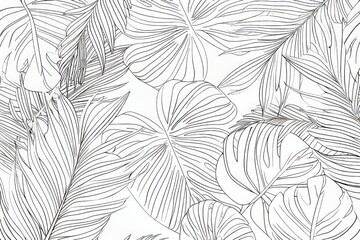  illustration of tropical leaf line art on a minimalist linear contour simple background. Suitable for fabric, print, cover, banner, decoration, wallpaper, etc.