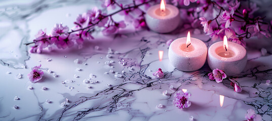 Spa concept with violet and candle. Spa accessories. Beauty treatment. Aroma therapy. Copy space.