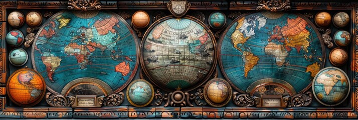 Detailed pattern of antique maps and globes, Background Image, Background For Banner - obrazy, fototapety, plakaty