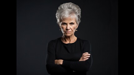 Grumpy Elderly Woman: Portrait of Discontent on Black