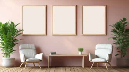 Chic Lounge Area with Trio of Blank Frames, Comfortable Armchairs, and Wooden Table
