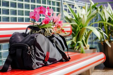 fitness bag on locker room bench, orchids on top