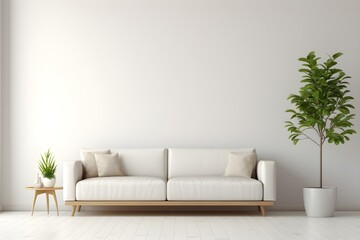 Minimalistic living room featuring sofa table and plants. Concept Minimalistic Design, Living Room Decor, Sofa Table, Indoor Plants