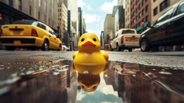 Hello summer. Super cute rubber duck swimming in the puddle. Ai generated image