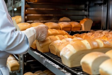 bakery worker arranging loaves of bread for the oven - obrazy, fototapety, plakaty