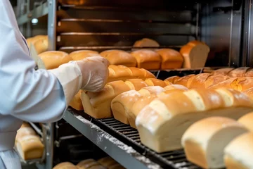 Crédence de cuisine en verre imprimé Pain bakery worker arranging loaves of bread for the oven
