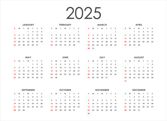 2025 Calendar. The week starts on Sunday. Vector
