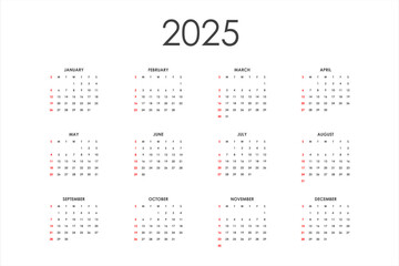 2025 Calendar. The week starts on Sunday. Vector