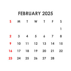 Calendar for February 2025. The week starts on Sunday.