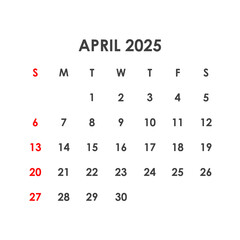 Calendar for April 2025. The week starts on Sunday.