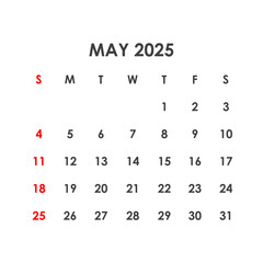 Calendar for May 2025. The week starts on Sunday.