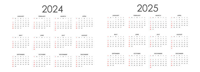 Calendar 2024. Calendar 2025. Week start Sunday corporate design planner template.