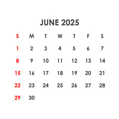 Calendar for June 2025. The week starts on Sunday.