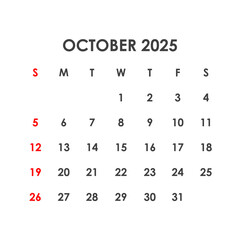 Calendar for October 2025. The week starts on Sunday.