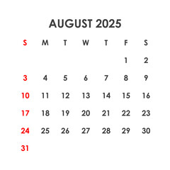 Calendar for August 2025. The week starts on Sunday.
