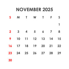 Calendar for November 2025. The week starts on Sunday.